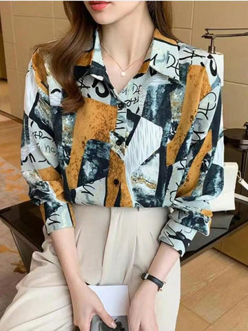 Women's Front Button Down Allover Print Long Sleeve Elegant Blouse