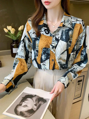 Women's Front Button Down Allover Print Long Sleeve Elegant Blouse