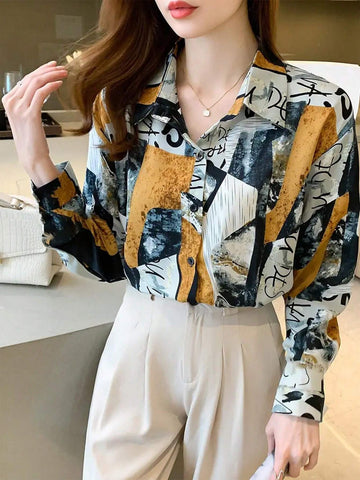 Women's Front Button Down Allover Print Long Sleeve Elegant Blouse