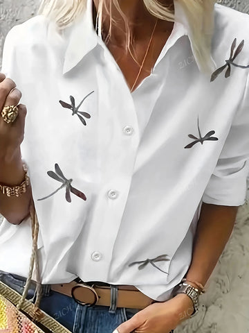 Women's Front Button Long Sleeve Dragonfly Print Casual Simple Blouse