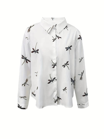 Women's Front Button Long Sleeve Dragonfly Print Casual Simple Blouse