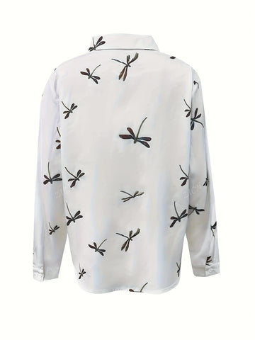 Women's Front Button Long Sleeve Dragonfly Print Casual Simple Blouse