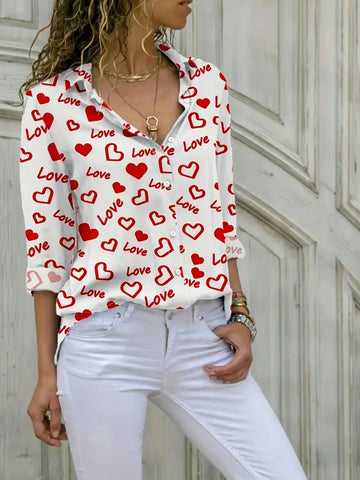 Women's Front Button Long Sleeve Heart Print Casual Shirt
