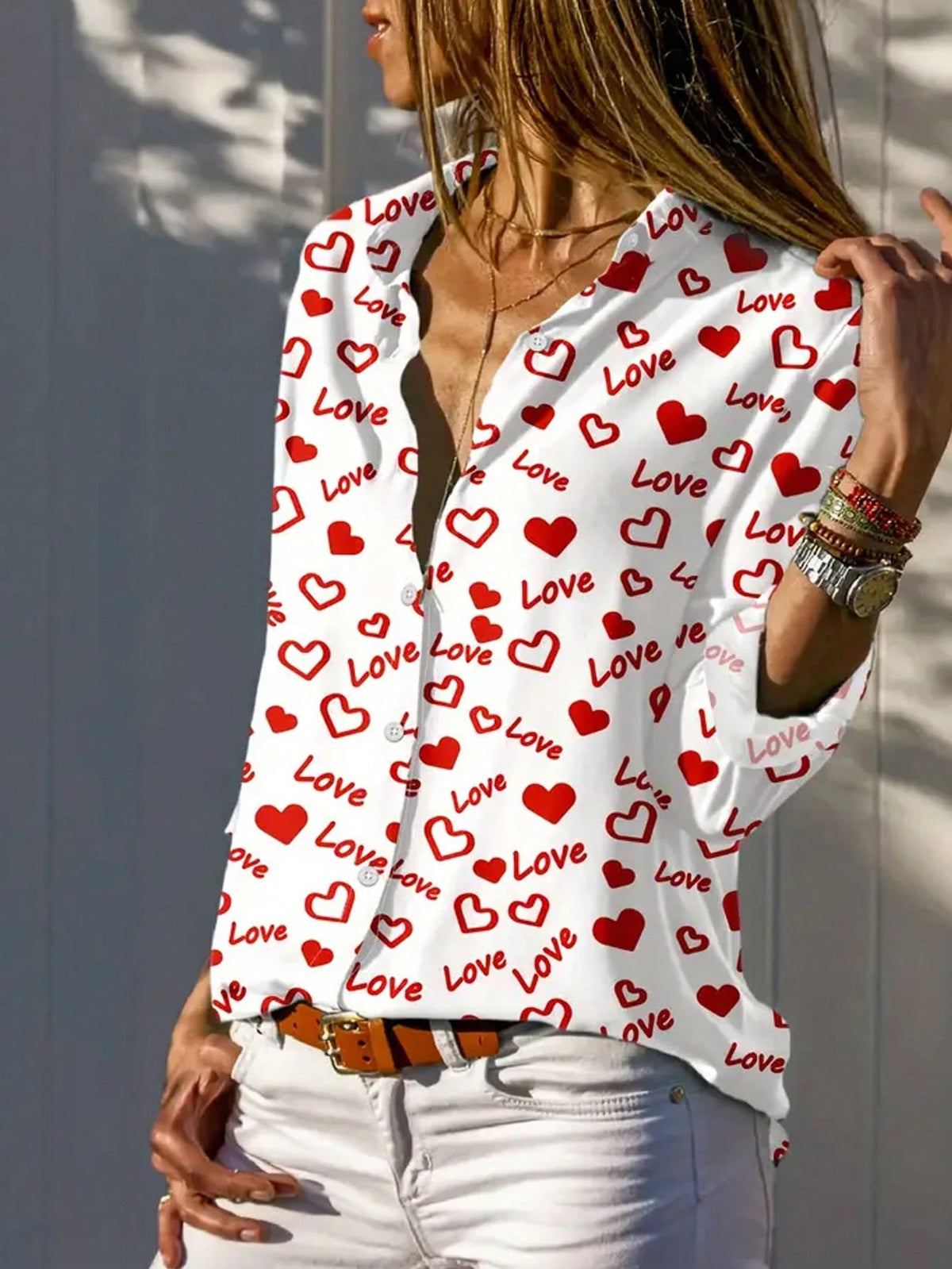 Women's Front Button Long Sleeve Heart Print Casual Shirt