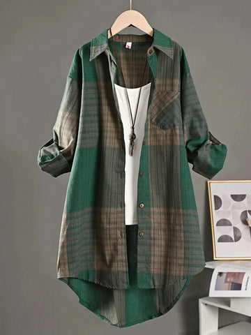 Women's Front Button Long Sleeve Plaid Dropped Shoulder Casual Top Blouse