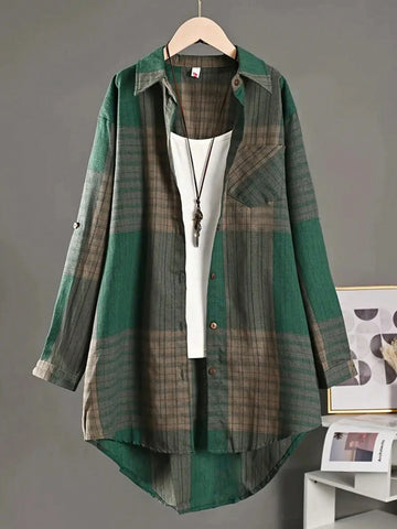 Women's Front Button Long Sleeve Plaid Dropped Shoulder Casual Top Blouse