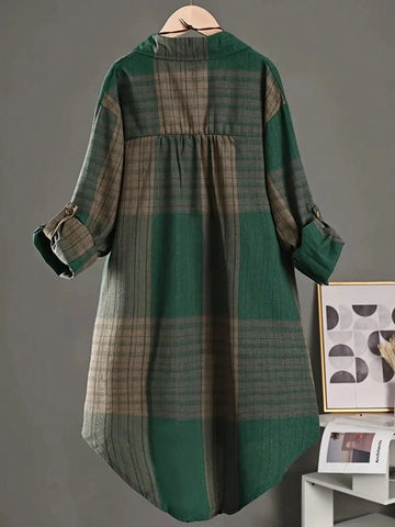 Women's Front Button Long Sleeve Plaid Dropped Shoulder Casual Top Blouse