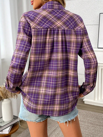 Women's Front Button Long Sleeve Plaid Pocket Casual Shirt