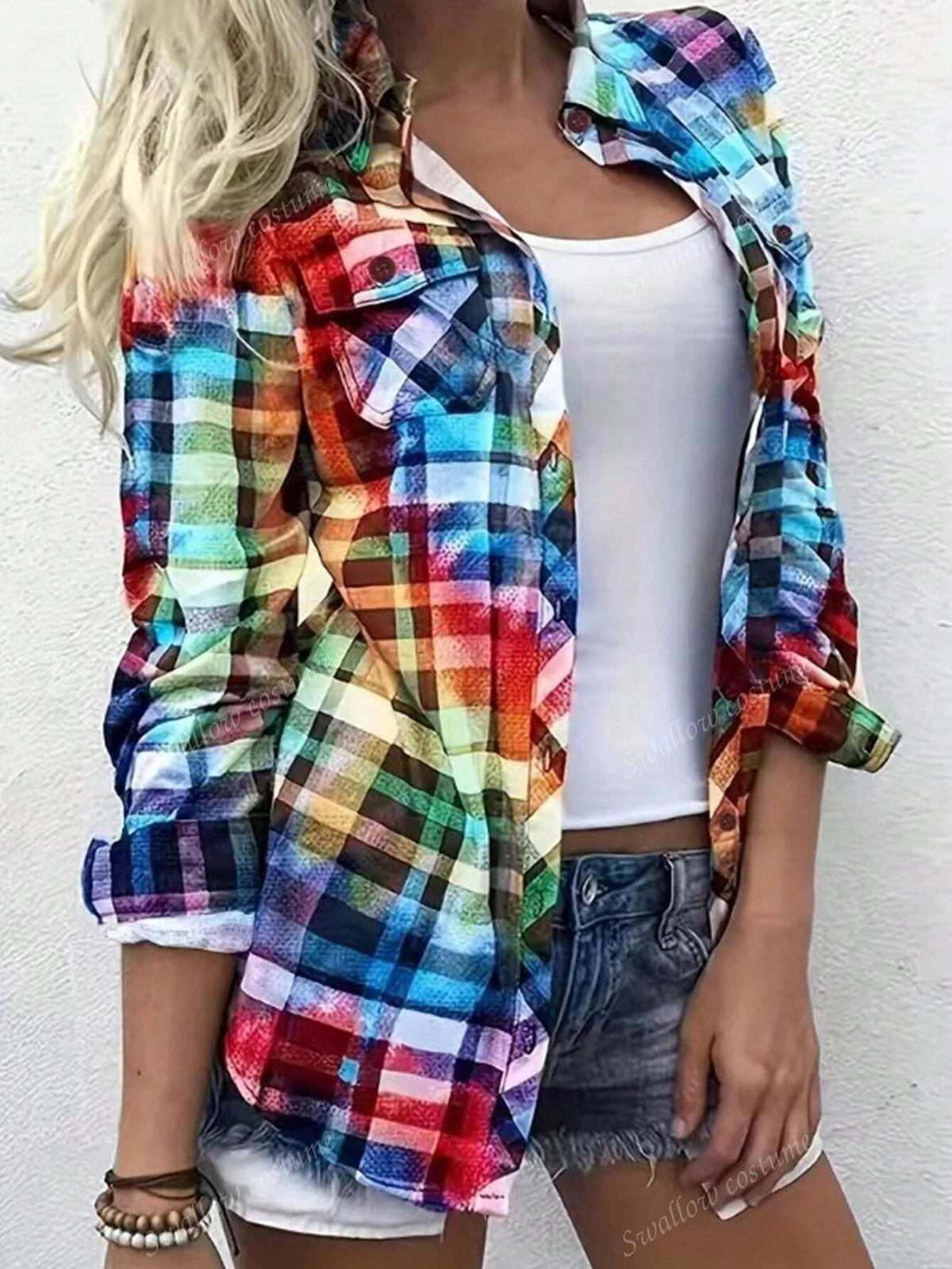 Women's Front Button Long Sleeve Pocket Colorful Plaid Print Shirt
