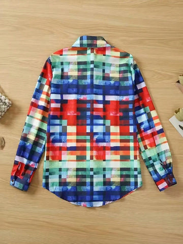 Women's Front Button Long Sleeve Pocket Colorful Plaid Print Shirt