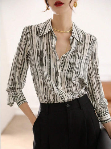 Women's Front Buttoned Long Sleeve Casual Striped Blouse, Everyday Wear