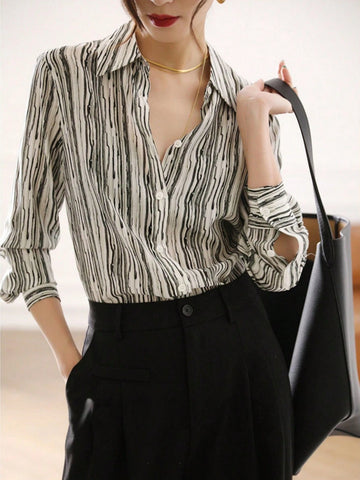 Women's Front Buttoned Long Sleeve Casual Striped Blouse, Everyday Wear