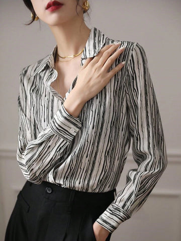 Women's Front Buttoned Long Sleeve Casual Striped Blouse, Everyday Wear