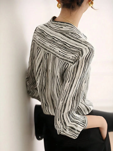 Women's Front Buttoned Long Sleeve Casual Striped Blouse, Everyday Wear