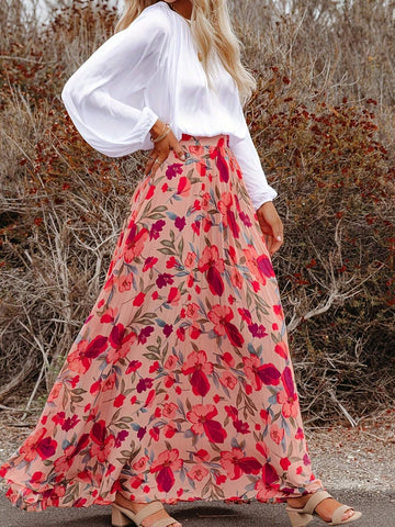 Women's Full-Print Pleated Skirt With Floral Pattern