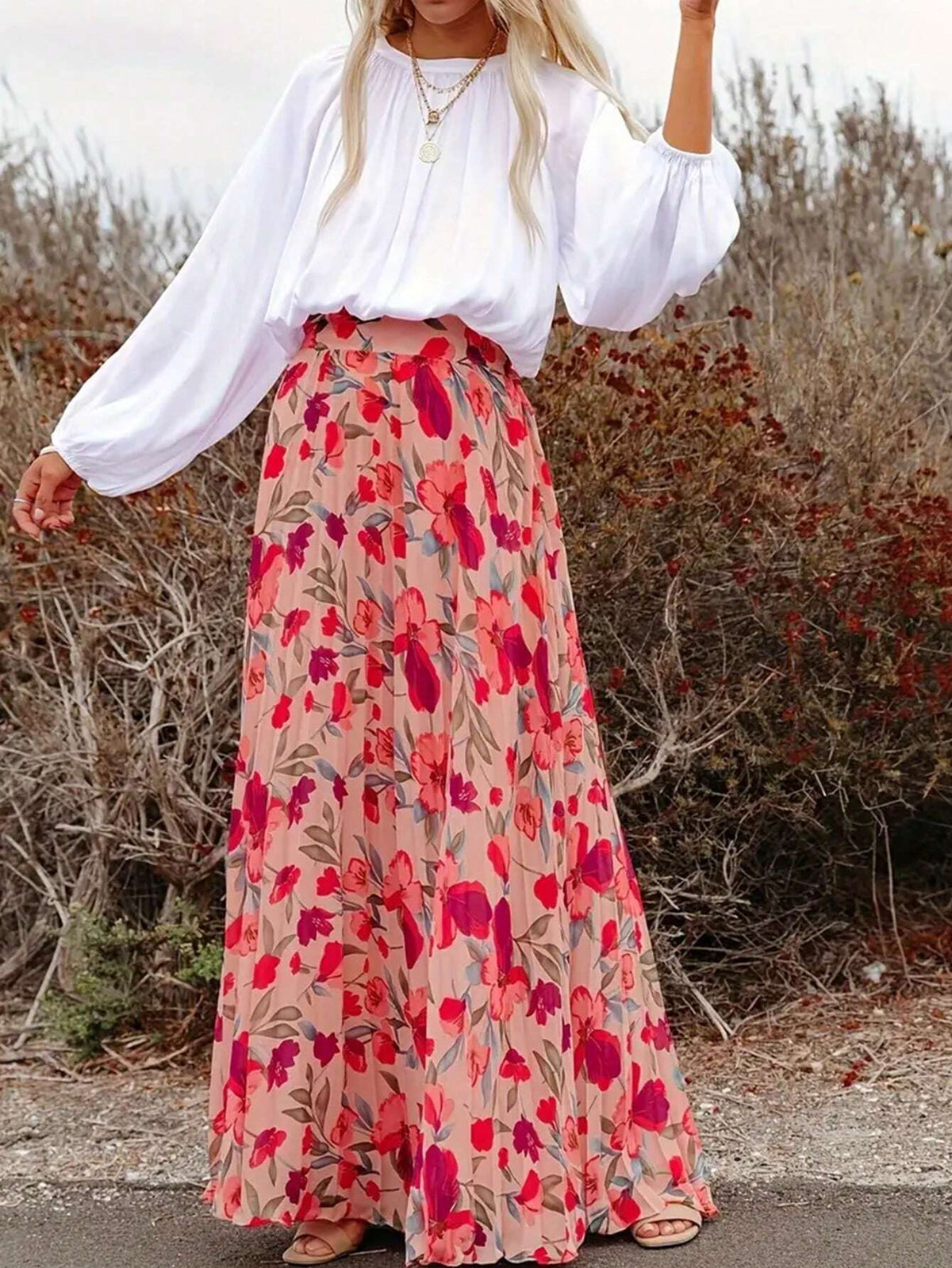 Women's Full-Print Pleated Skirt With Floral Pattern