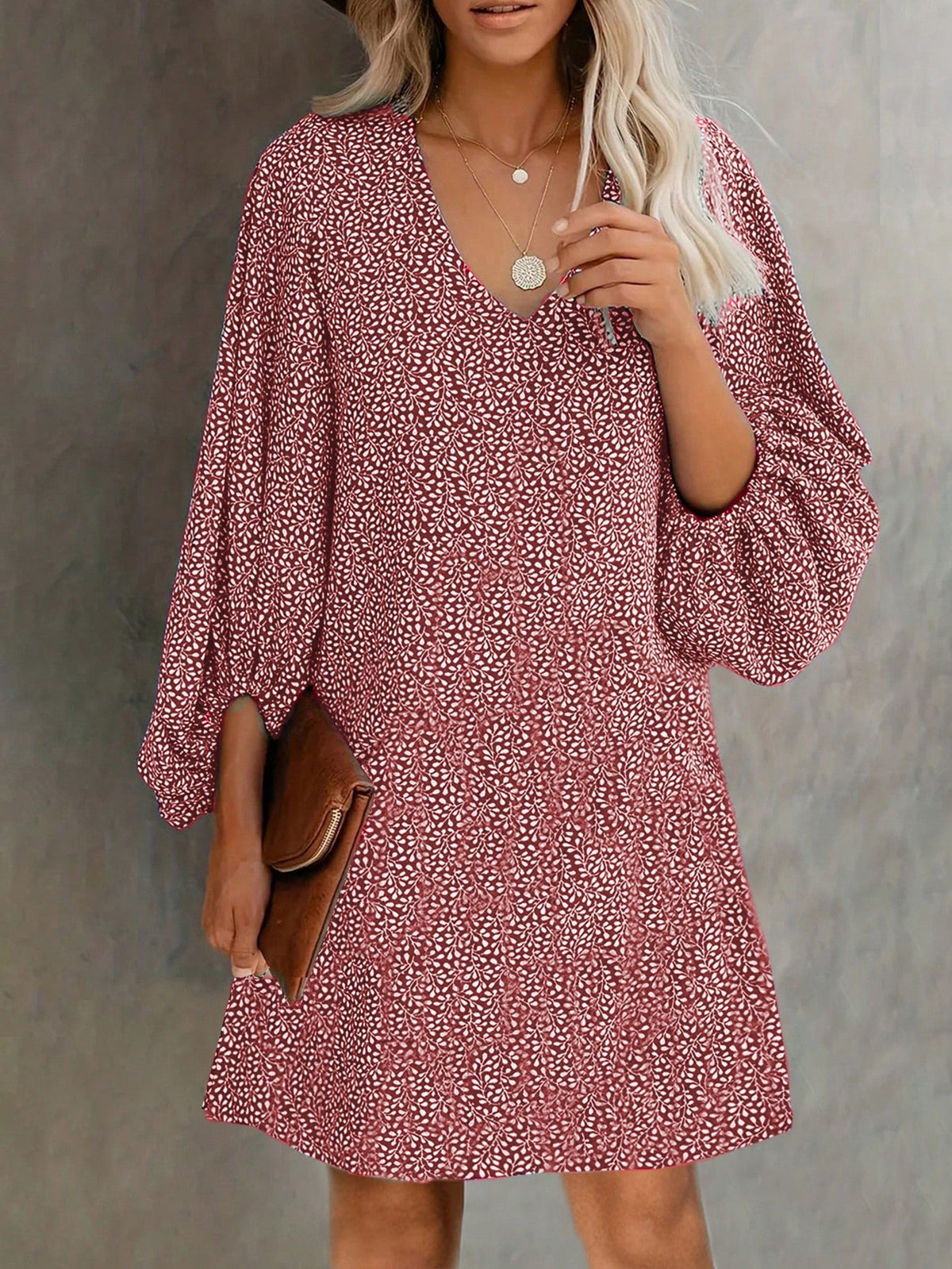 Women's Full Length Lantern Sleeve Dress With Leaf Print