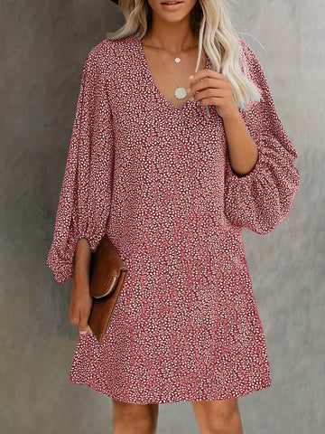 Women's Full Length Lantern Sleeve Dress With Leaf Print