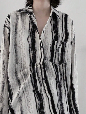 Women's Full Print Button-Up Elegant Long Sleeve Blouse