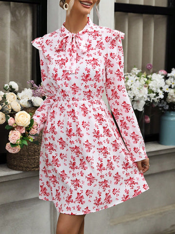 Women's Full Print Floral Patchwork Ruffle Hem Long Sleeve Dress