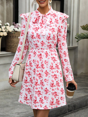 Women's Full Print Floral Patchwork Ruffle Hem Long Sleeve Dress