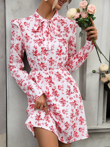 Women's Full Print Floral Patchwork Ruffle Hem Long Sleeve Dress