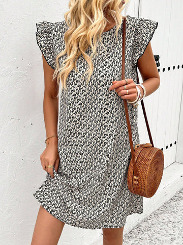 Women's Full Print Geometric Pattern Back Knot Batwing Sleeve Maxi Dress