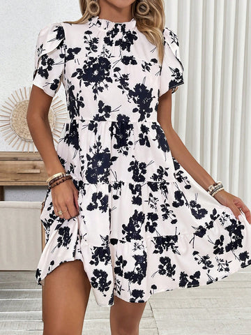 Women's Full Printed Stand Collar Puff Sleeve Dress