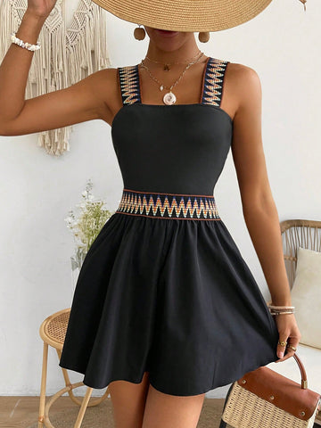 Women's Geometric Jacquard Elastic Waistband Patchwork Bodysuit Shorts