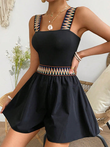 Women's Geometric Jacquard Elastic Waistband Patchwork Bodysuit Shorts