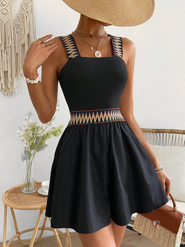 Women's Geometric Jacquard Elastic Waistband Patchwork Bodysuit Shorts