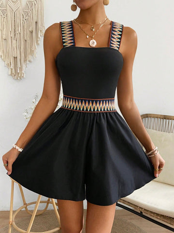 Women's Geometric Jacquard Elastic Waistband Patchwork Bodysuit Shorts