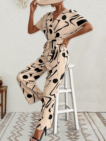 Women's Geometric Print Batwing Short Sleeve Jumpsuit