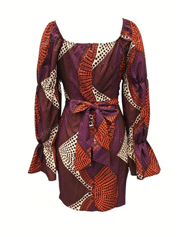 Women's Geometric Print Heart Neck Puff Sleeve Bodycon Elegant Dress