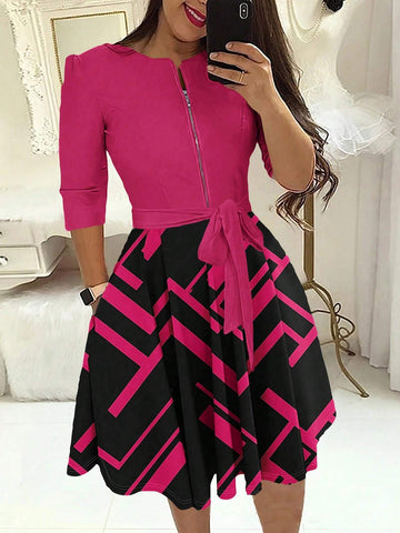 Women's Geometric Print Zipper Mid-Length Sleeveless Dress, Suitable For Summer