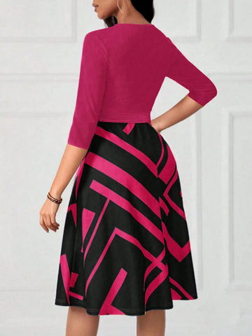 Women's Geometric Print Zipper Mid-Length Sleeveless Dress, Suitable For Summer