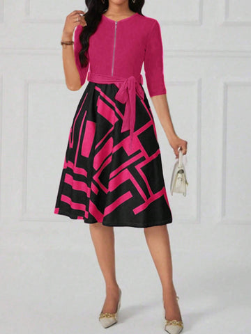 Women's Geometric Print Zipper Mid-Length Sleeveless Dress, Suitable For Summer