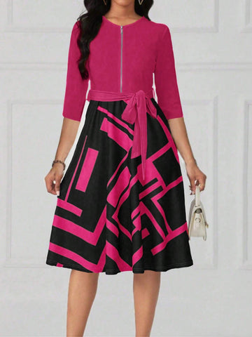 Women's Geometric Print Zipper Mid-Length Sleeveless Dress, Suitable For Summer