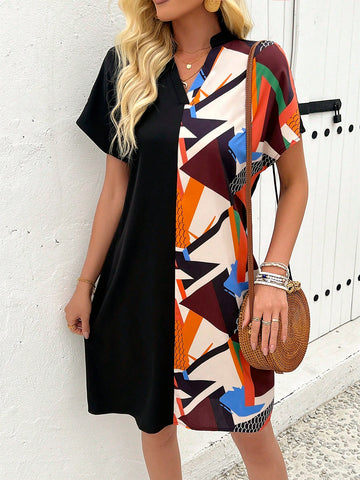 Women's Geometric Printed Batwing Sleeve Dress