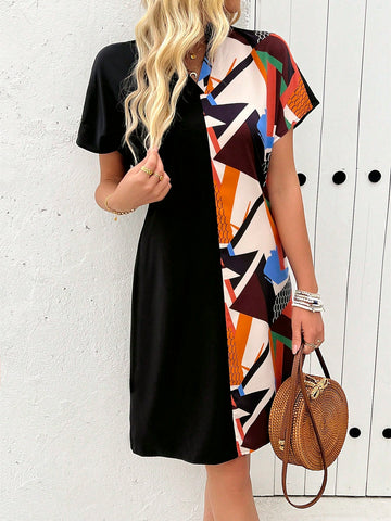 Women's Geometric Printed Batwing Sleeve Dress