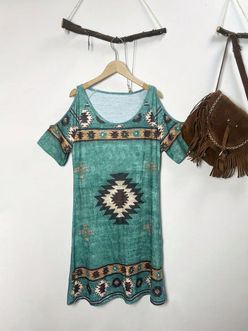 Women's Geometric Printed Hollow Out Shoulder Short Sleeve Dress With Western Vintage Style
