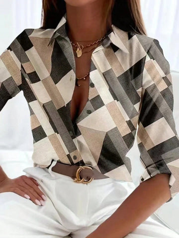 Women's Geometric Printed Long Sleeve Casual Shirt For Spring And Summer