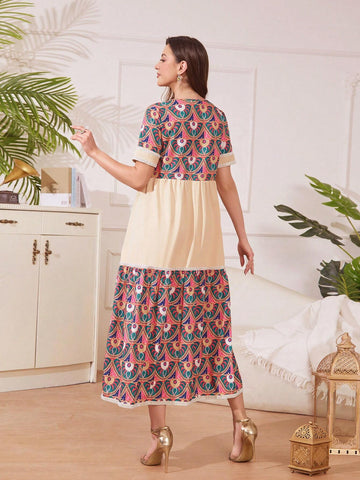 Women's Geometric Printed Round Neck Short Sleeve Maxi Elegant Vacation Dress