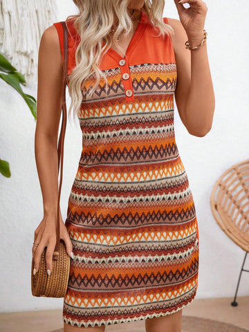 Women's Geometric Printed V-Neck Sleeveless Casual Dress For Summer, Random Pattern