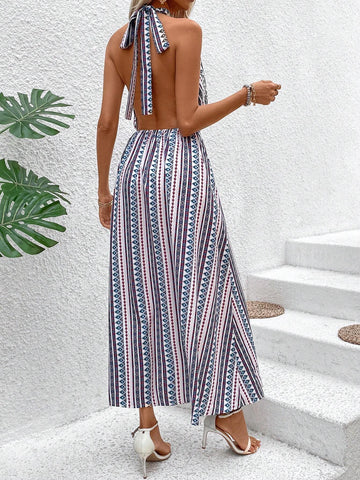 Women's Geometric Striped Halter Neck Vacation Maxi Dress With Split Hem
