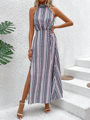 Women's Geometric Striped Halter Neck Vacation Maxi Dress With Split Hem