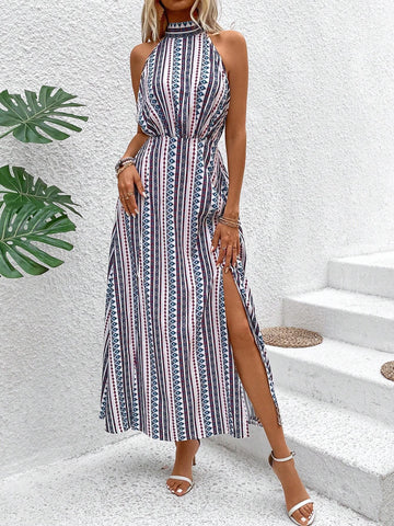 Women's Geometric Striped Halter Neck Vacation Maxi Dress With Split Hem