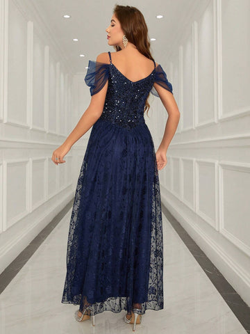 Women's Glitter Panel & Sheer Mesh Shoulder Evening Party Dress