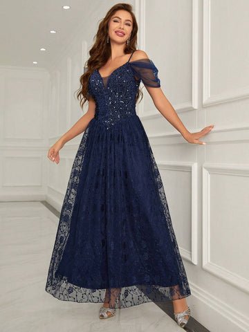 Women's Glitter Panel & Sheer Mesh Shoulder Evening Party Dress