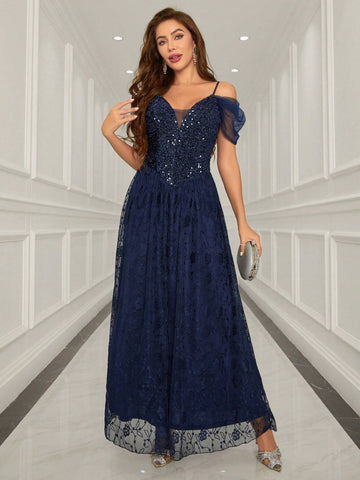 Women's Glitter Panel & Sheer Mesh Shoulder Evening Party Dress